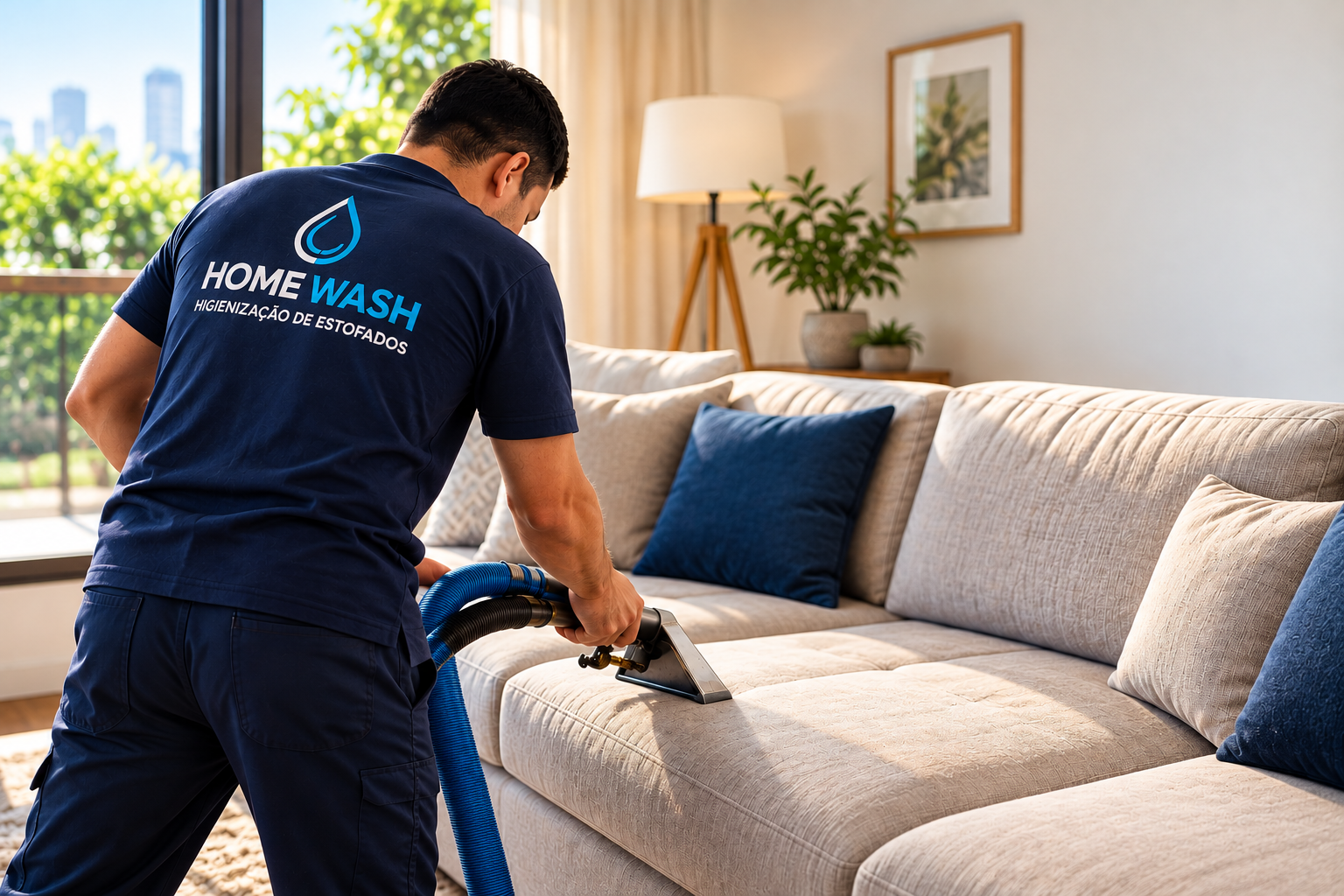 Técnico uniformizado da Home Wash realizando higienização profissional de sofá